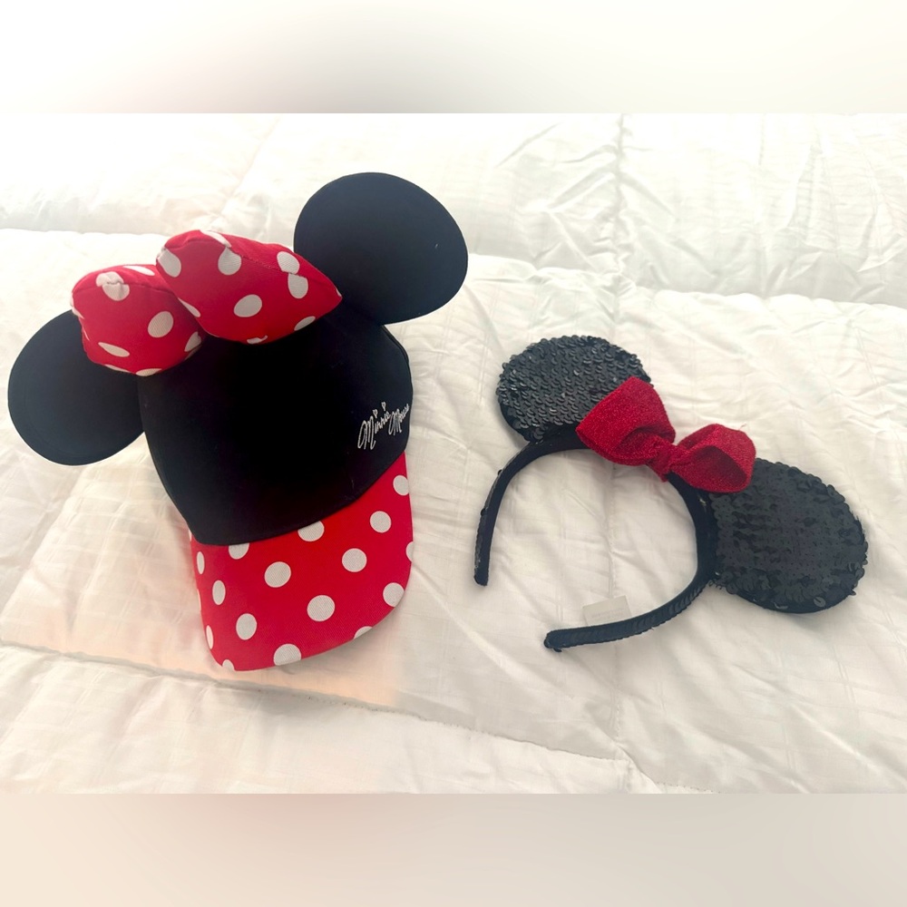 NEW Disney Minnie Mouse Polka Dot Hat and Headband Set - Red and Black